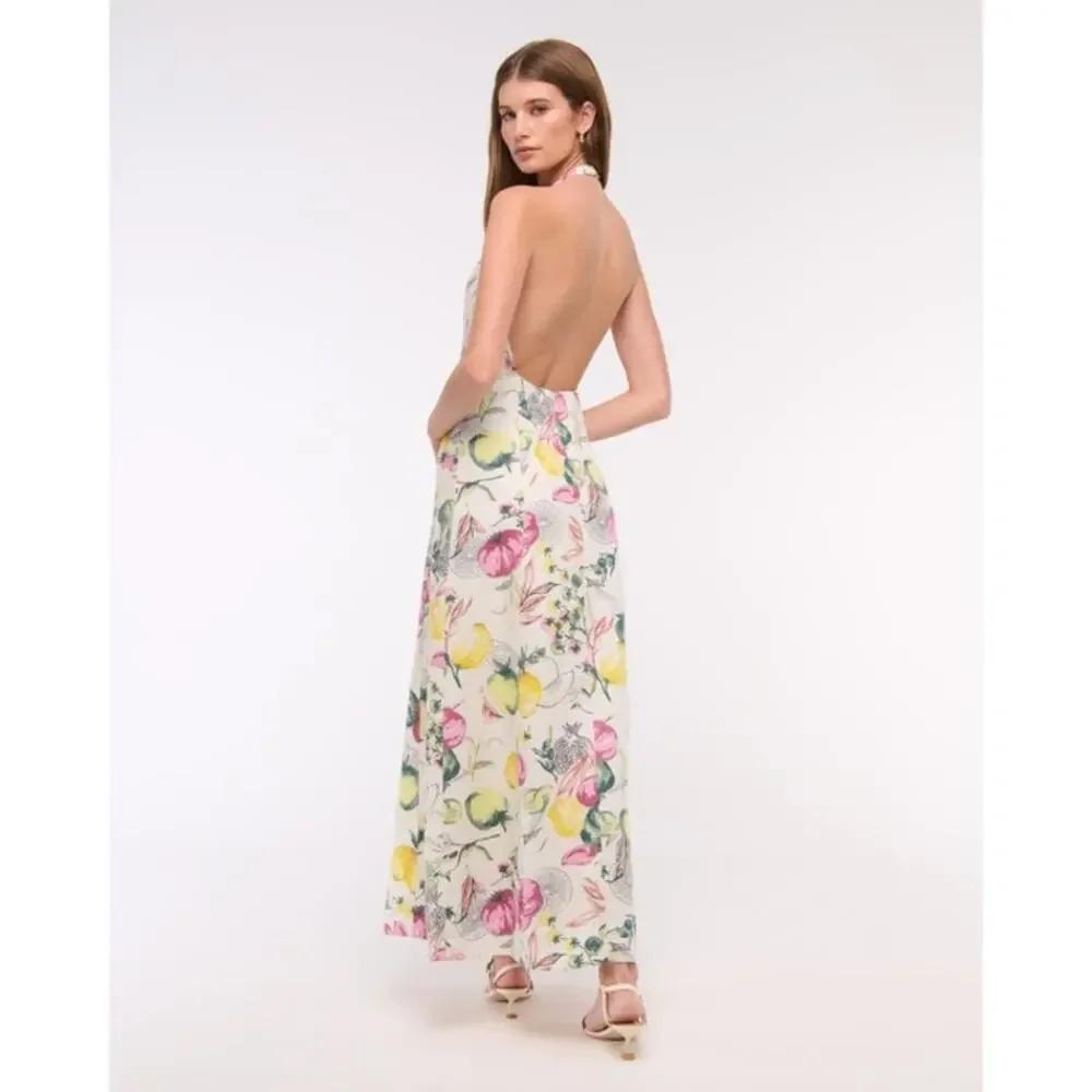 Abercrombie & Fitch Premium Linen High Neck Maxi Dress Size LP Vegetable Print